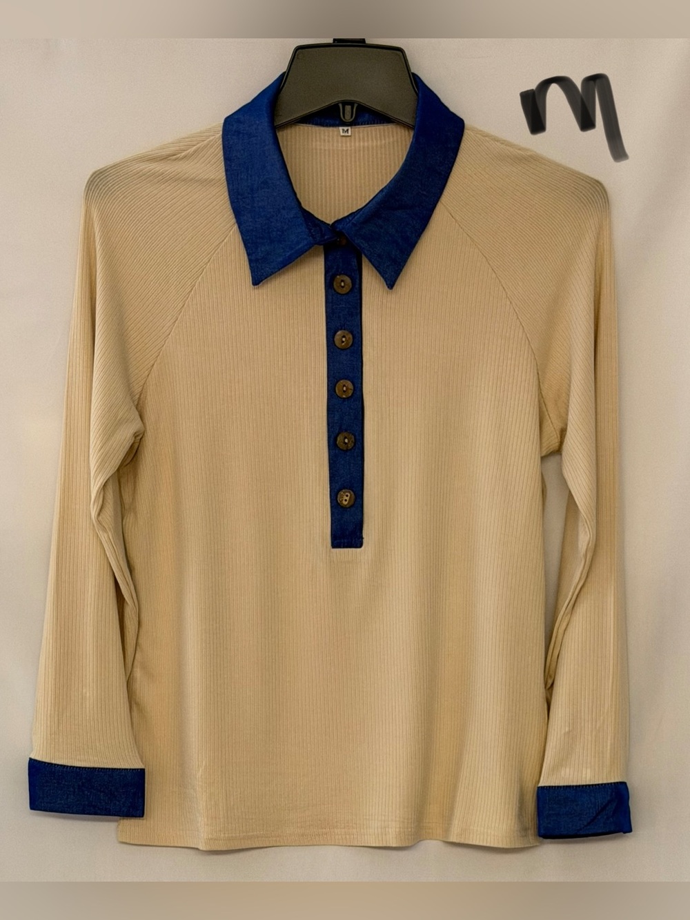 Beige Long-Sleeve Ribbed Polo Top with Navy Contrast Collar